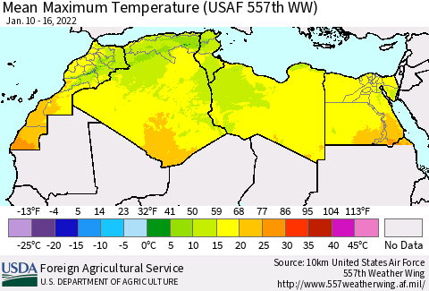 North Africa Mean Maximum Temperature (USAF 557th WW) Thematic Map For 1/10/2022 - 1/16/2022