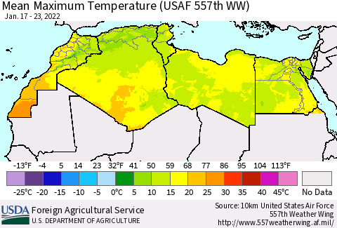 North Africa Mean Maximum Temperature (USAF 557th WW) Thematic Map For 1/17/2022 - 1/23/2022