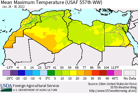 North Africa Mean Maximum Temperature (USAF 557th WW) Thematic Map For 1/24/2022 - 1/30/2022