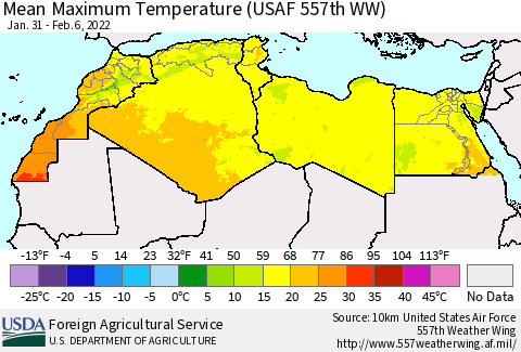 North Africa Mean Maximum Temperature (USAF 557th WW) Thematic Map For 1/31/2022 - 2/6/2022