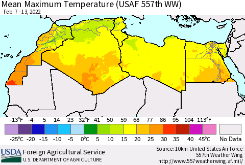 North Africa Mean Maximum Temperature (USAF 557th WW) Thematic Map For 2/7/2022 - 2/13/2022