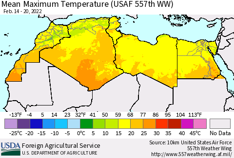 North Africa Mean Maximum Temperature (USAF 557th WW) Thematic Map For 2/14/2022 - 2/20/2022