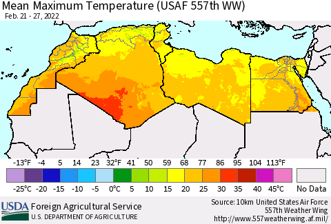 North Africa Mean Maximum Temperature (USAF 557th WW) Thematic Map For 2/21/2022 - 2/27/2022