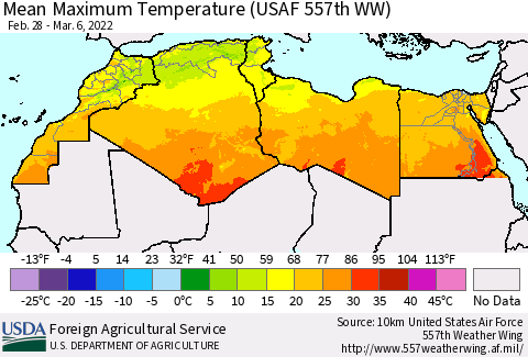 North Africa Mean Maximum Temperature (USAF 557th WW) Thematic Map For 2/28/2022 - 3/6/2022