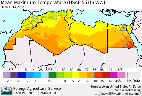 North Africa Mean Maximum Temperature (USAF 557th WW) Thematic Map For 3/7/2022 - 3/13/2022