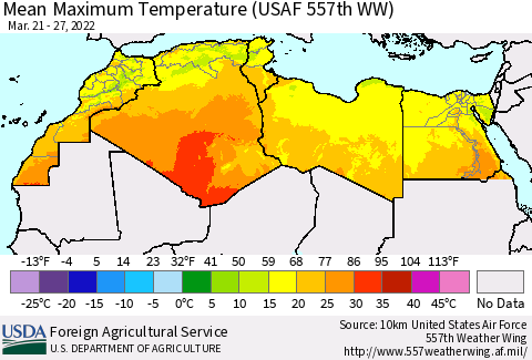 North Africa Mean Maximum Temperature (USAF 557th WW) Thematic Map For 3/21/2022 - 3/27/2022