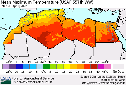 North Africa Mean Maximum Temperature (USAF 557th WW) Thematic Map For 3/28/2022 - 4/3/2022