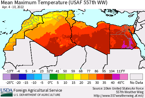 North Africa Mean Maximum Temperature (USAF 557th WW) Thematic Map For 4/4/2022 - 4/10/2022