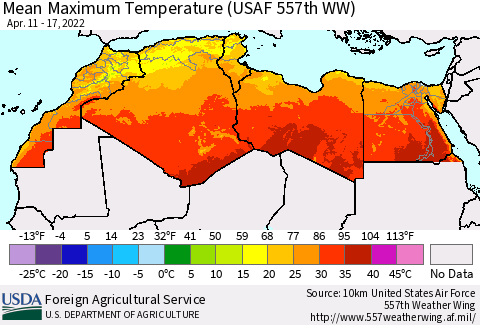 North Africa Mean Maximum Temperature (USAF 557th WW) Thematic Map For 4/11/2022 - 4/17/2022