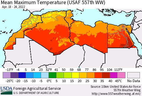 North Africa Mean Maximum Temperature (USAF 557th WW) Thematic Map For 4/18/2022 - 4/24/2022