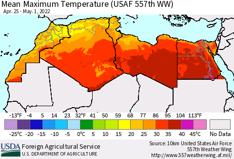 North Africa Mean Maximum Temperature (USAF 557th WW) Thematic Map For 4/25/2022 - 5/1/2022