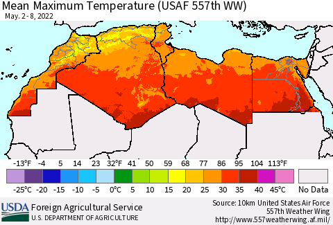 North Africa Mean Maximum Temperature (USAF 557th WW) Thematic Map For 5/2/2022 - 5/8/2022