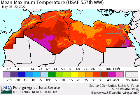 North Africa Mean Maximum Temperature (USAF 557th WW) Thematic Map For 5/16/2022 - 5/22/2022