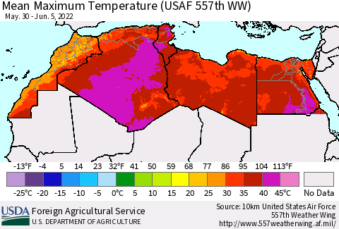 North Africa Mean Maximum Temperature (USAF 557th WW) Thematic Map For 5/30/2022 - 6/5/2022