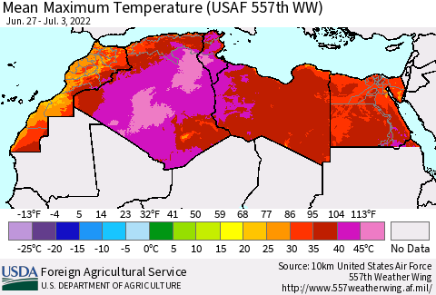 North Africa Mean Maximum Temperature (USAF 557th WW) Thematic Map For 6/27/2022 - 7/3/2022