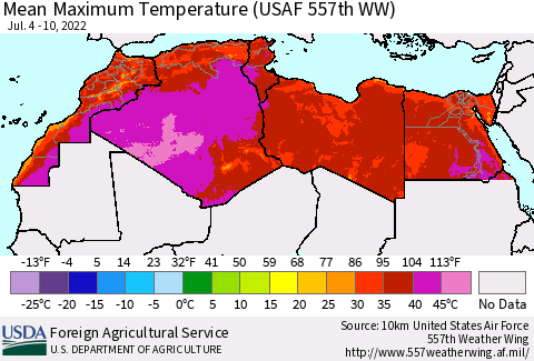 North Africa Mean Maximum Temperature (USAF 557th WW) Thematic Map For 7/4/2022 - 7/10/2022