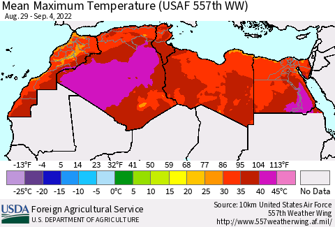 North Africa Mean Maximum Temperature (USAF 557th WW) Thematic Map For 8/29/2022 - 9/4/2022
