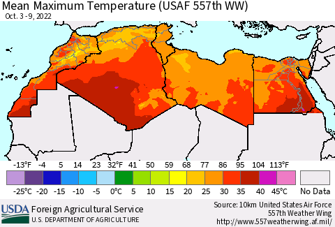 North Africa Mean Maximum Temperature (USAF 557th WW) Thematic Map For 10/3/2022 - 10/9/2022