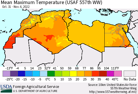 North Africa Mean Maximum Temperature (USAF 557th WW) Thematic Map For 10/31/2022 - 11/6/2022