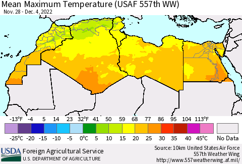 North Africa Mean Maximum Temperature (USAF 557th WW) Thematic Map For 11/28/2022 - 12/4/2022