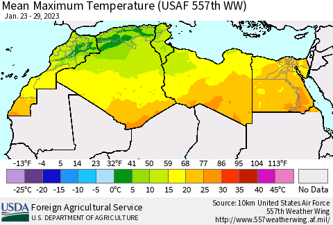 North Africa Mean Maximum Temperature (USAF 557th WW) Thematic Map For 1/23/2023 - 1/29/2023