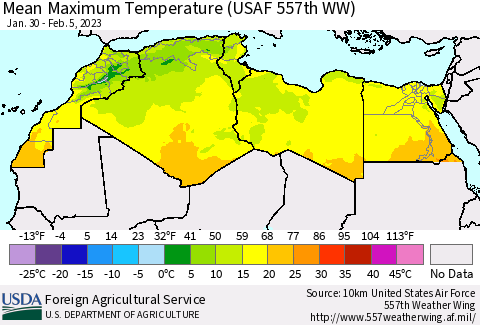 North Africa Mean Maximum Temperature (USAF 557th WW) Thematic Map For 1/30/2023 - 2/5/2023