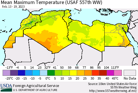 North Africa Mean Maximum Temperature (USAF 557th WW) Thematic Map For 2/13/2023 - 2/19/2023