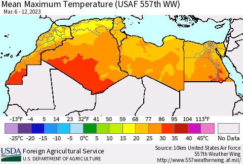 North Africa Mean Maximum Temperature (USAF 557th WW) Thematic Map For 3/6/2023 - 3/12/2023
