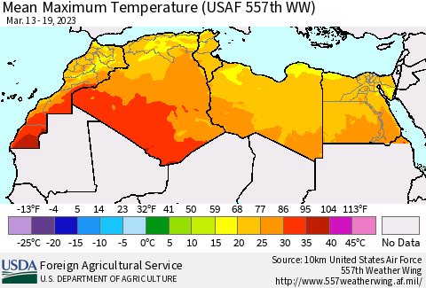 North Africa Mean Maximum Temperature (USAF 557th WW) Thematic Map For 3/13/2023 - 3/19/2023