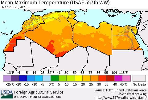North Africa Mean Maximum Temperature (USAF 557th WW) Thematic Map For 3/20/2023 - 3/26/2023