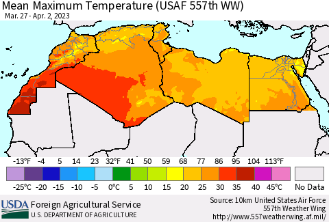 North Africa Mean Maximum Temperature (USAF 557th WW) Thematic Map For 3/27/2023 - 4/2/2023