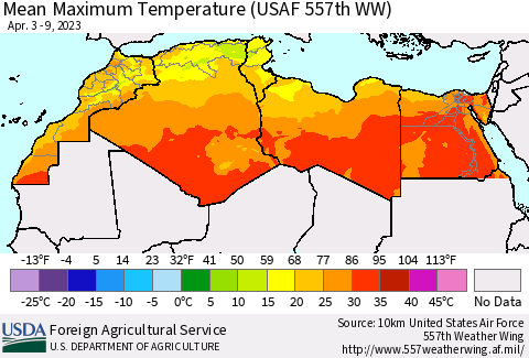 North Africa Mean Maximum Temperature (USAF 557th WW) Thematic Map For 4/3/2023 - 4/9/2023