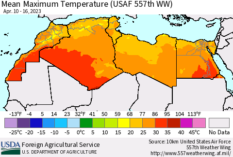 North Africa Mean Maximum Temperature (USAF 557th WW) Thematic Map For 4/10/2023 - 4/16/2023