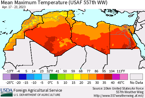 North Africa Mean Maximum Temperature (USAF 557th WW) Thematic Map For 4/17/2023 - 4/23/2023