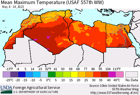 North Africa Mean Maximum Temperature (USAF 557th WW) Thematic Map For 5/8/2023 - 5/14/2023