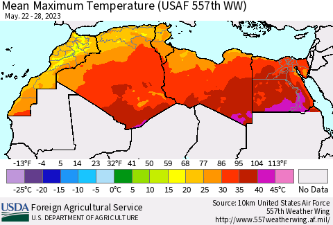 North Africa Mean Maximum Temperature (USAF 557th WW) Thematic Map For 5/22/2023 - 5/28/2023