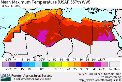 North Africa Mean Maximum Temperature (USAF 557th WW) Thematic Map For 6/5/2023 - 6/11/2023
