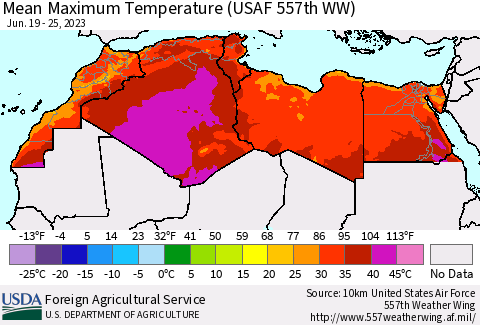 North Africa Mean Maximum Temperature (USAF 557th WW) Thematic Map For 6/19/2023 - 6/25/2023