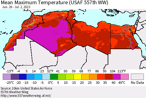 North Africa Mean Maximum Temperature (USAF 557th WW) Thematic Map For 6/26/2023 - 7/2/2023