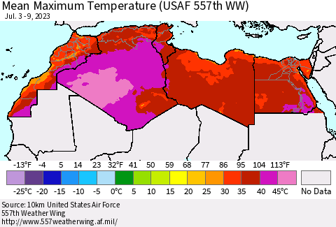 North Africa Mean Maximum Temperature (USAF 557th WW) Thematic Map For 7/3/2023 - 7/9/2023