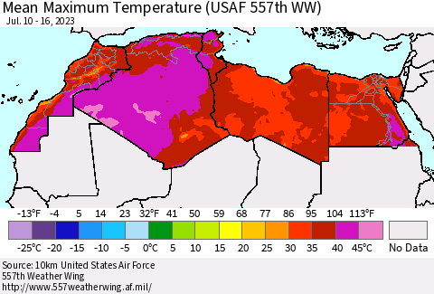 North Africa Mean Maximum Temperature (USAF 557th WW) Thematic Map For 7/10/2023 - 7/16/2023