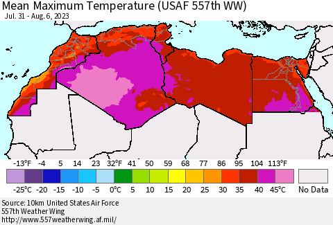 North Africa Mean Maximum Temperature (USAF 557th WW) Thematic Map For 7/31/2023 - 8/6/2023
