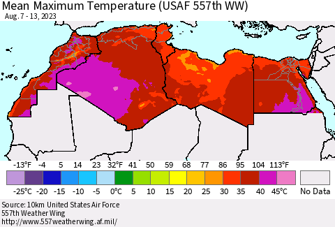 North Africa Mean Maximum Temperature (USAF 557th WW) Thematic Map For 8/7/2023 - 8/13/2023
