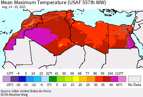 North Africa Mean Maximum Temperature (USAF 557th WW) Thematic Map For 8/14/2023 - 8/20/2023