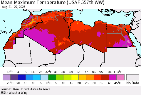 North Africa Mean Maximum Temperature (USAF 557th WW) Thematic Map For 8/21/2023 - 8/27/2023