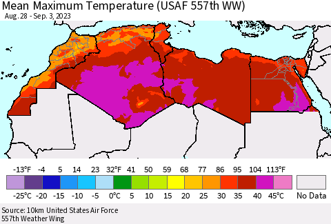 North Africa Mean Maximum Temperature (USAF 557th WW) Thematic Map For 8/28/2023 - 9/3/2023