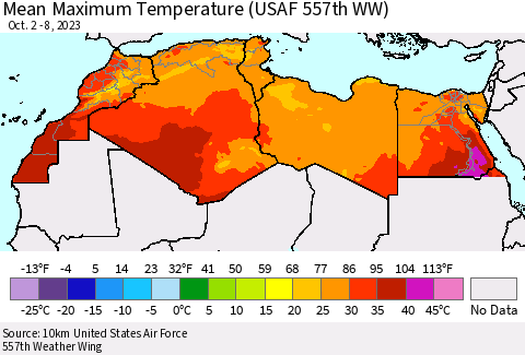 North Africa Mean Maximum Temperature (USAF 557th WW) Thematic Map For 10/2/2023 - 10/8/2023