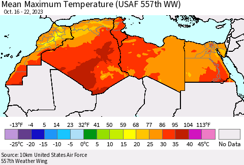 North Africa Mean Maximum Temperature (USAF 557th WW) Thematic Map For 10/16/2023 - 10/22/2023