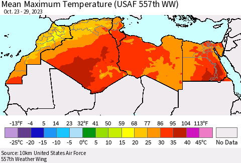 North Africa Mean Maximum Temperature (USAF 557th WW) Thematic Map For 10/23/2023 - 10/29/2023