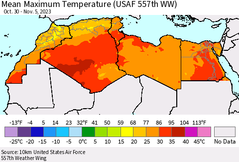 North Africa Mean Maximum Temperature (USAF 557th WW) Thematic Map For 10/30/2023 - 11/5/2023